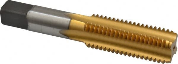 Kennametal - 7/8-9 UNC 3B 4 Flute TiN Finish High Speed Steel Straight Flute Standard Hand Tap - Bottoming, Right Hand Thread, 4-11/16" OAL, 2-3/32" Thread Length, H4 Limit, Oversize - Exact Tooling