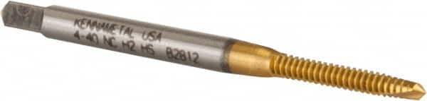 Kennametal - #4-40 UNC, 2 Flute, TiN Finish, High Speed Steel Spiral Point Tap - Plug Chamfer, Right Hand Thread, 1.88" OAL, 9/16" Thread Length, 0.141" Shank Diam, 2B/3B Class of Fit - Exact Tooling