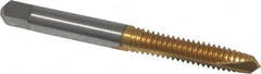 Kennametal - 1/4-20 UNC, 2 Flute, TiN Finish, High Speed Steel Spiral Point Tap - Plug Chamfer, Right Hand Thread, 2-1/2" OAL, 1" Thread Length, 0.255" Shank Diam - Exact Tooling
