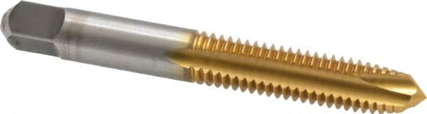 Kennametal - 3/8-16 UNC, 3 Flute, TiN Finish, High Speed Steel Spiral Point Tap - Plug Chamfer, Right Hand Thread, 2.94" OAL, 1-1/4" Thread Length, 0.381" Shank Diam, 3B Class of Fit - Exact Tooling