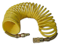 Coilhose Pneumatics - 3/8" ID, 3/8 Thread, 12' Long, Yellow Nylon Coiled & Self Storing Hose - 165 Max psi, Industrial Interchange Coupler x Male Swivel - Exact Tooling