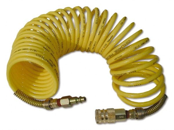 Coilhose Pneumatics - 1/2" ID, 1/2 Thread, 12' Long, Yellow Nylon Coiled & Self Storing Hose - 170 Max psi, Industrial Interchange Coupler x Male Swivel - Exact Tooling