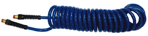 Coilhose Pneumatics - 1/4" ID, 1/4 Thread, 25' Long, Yellow Nylon Coiled & Self Storing Hose - 185 Max psi, Industrial Interchange Coupler x Male Swivel - Exact Tooling