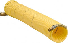 Coilhose Pneumatics - 1/4" ID, 1/4 Thread, 50' Long, Yellow Nylon Coiled & Self Storing Hose - 185 Max psi, Industrial Interchange Coupler x Male Swivel - Exact Tooling