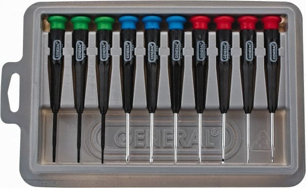 General - 10 Piece Phillips, Slotted & Torx Screwdriver Set - Electrician Shank, Plastic Handle, Blade Sizes: Length 1-1/2, Bit Sizes: Philips #000 to #0, Torx T6, T7 & T8, Tip Thickness: 3/64, 1/16, 5/64 & 3/32 - Exact Tooling