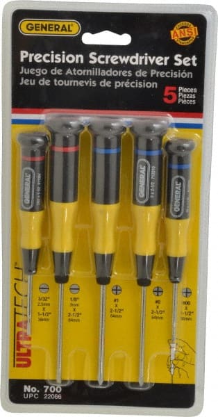 General - 5 Piece Phillips & Slotted Screwdriver Set - Electrician Shank, Plastic Handle, Blade Sizes: Length 1-1/2 & 2-1/2, Bit Sizes: Philips #00 to #1, Tip Thickness: 3/32 & 1/8 - Exact Tooling