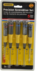 General - 5 Piece Phillips & Slotted Screwdriver Set - Electrician Shank, Plastic Handle, Blade Sizes: Length 1-1/2 & 2-1/2, Bit Sizes: Philips #00 to #1, Tip Thickness: 3/32 & 1/8 - Exact Tooling
