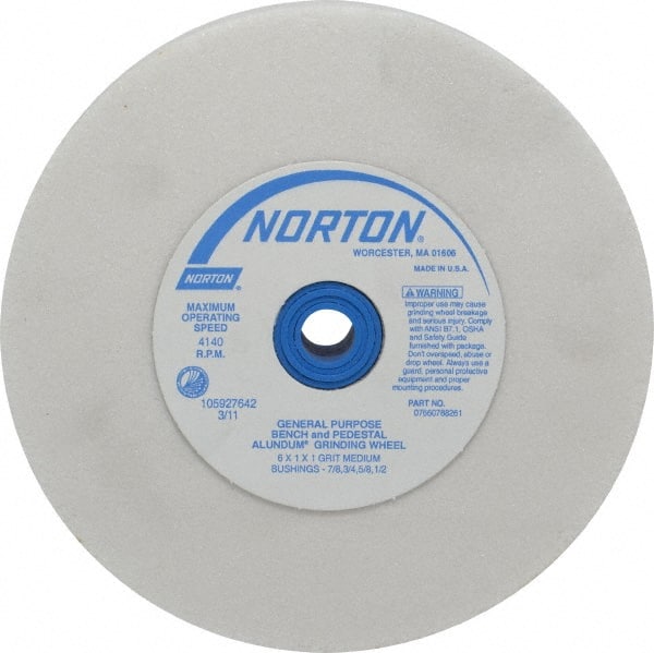 Norton - 60 Grit Aluminum Oxide Bench & Pedestal Grinding Wheel - 6" Diam x 1" Hole x 1" Thick, 4140 Max RPM, J Hardness, Medium Grade , Vitrified Bond - Exact Tooling