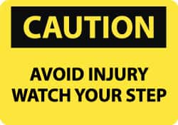 NMC - "Caution - Avoid Injury - Watch Your Step", 10" Long x 14" Wide, Rigid Plastic Safety Sign - Rectangle, 0.05" Thick, Use for Accident Prevention - Exact Tooling