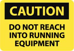 NMC - "Caution - Do Not Reach into Running Equipment", 10" Long x 14" Wide, Pressure-Sensitive Vinyl Safety Sign - Rectangle, 0.004" Thick, Use for Accident Prevention - Exact Tooling