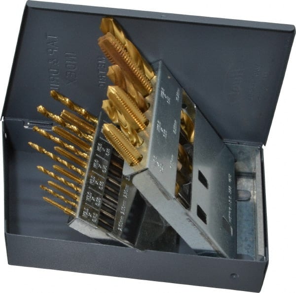 Hertel - 2.05 to 10.2mm Drill, M2.5x0.45 to M12x1.75 Tap, Hand Tap and Drill Set - TiN Finish High Speed Steel Drills, High Speed Steel Taps, Plug Chamfer, 18 Piece Set - Exact Tooling