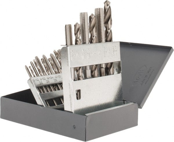 Hertel - #36, #29, #25, #21, #7 Drill, F to U Drill, #6-32 to 1/2-13 Tap, Hand Tap and Drill Set - Bright Finish High Speed Steel Drills, Bright Finish High Speed Steel Taps, Plug Chamfer, 18 Piece Set - Exact Tooling