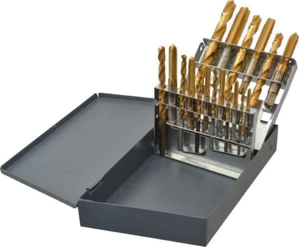 Hertel - #36, #29, #25, #21, #7 Drill, F to U Drill, #6-32 to 1/2-13 Tap, Hand Tap and Drill Set - TiN Finish High Speed Steel Drills, High Speed Steel Taps, Plug Chamfer, 18 Piece Set - Exact Tooling