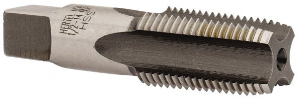 Hertel - 1/2-14" BSPT, 4 Flutes, Bottoming Chamfer, Bright Finish, High Speed Steel British Standard Pipe Tap - 1-3/8" Thread Length, 3-1/8" Overall Length - Exact Tooling