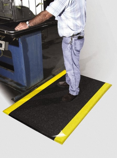 PRO-SAFE - 20' Long x 4' Wide, Dry Environment, Anti-Fatigue Matting - Black with Yellow Borders, Urethane with Vinyl Sponge Base, Beveled on 4 Sides - Exact Tooling
