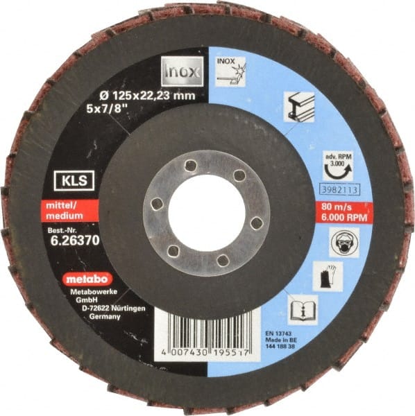 Metabo - 120 Grit, 5" Disc Diam, 7/8" Center Hole, Type 27 Aluminum Oxide Flap Disc - 12,200 Max RPM, Nylon Backing, Coated & Non-Woven Combo - Exact Tooling