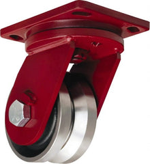Hamilton - 6" Diam x 3" Wide, Iron Swivel Caster - 4,500 Lb Capacity, Top Plate Mount, 6-1/2" x 7-1/2" Plate, Straight Roller Bearing - Exact Tooling