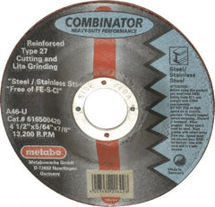 Metabo - 4-1/2" Zirconia Alumina Cutoff Wheel - 5/64" Thick, 7/8" Arbor, Use with Angle Grinders - Exact Tooling
