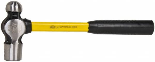 NUPLA - 3 Lb Head High Carbon Steel Ball Pein Hammer - 16" Fiberglass Handle, 1-5/8" Face Diam, 16" OAL, Fiberglass with Cushion Grip - Exact Tooling
