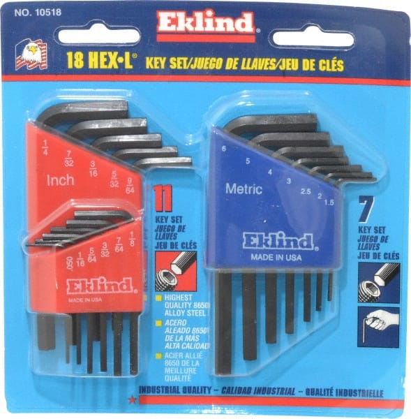 Eklind - 18 Piece L-Key Hex Key Set - Hex Range 0.05 to 1/4" - Exact Tooling
