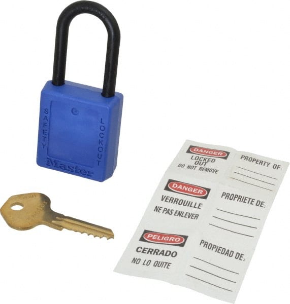Master Lock - Keyed Different Nonconductive Lockout Padlock - 1-1/2" Shackle Clearance, 1/4" Shackle Diam, 1-3/4" Body Height x 1-1/2" Body Width, Blue, 6 Pins - Exact Tooling