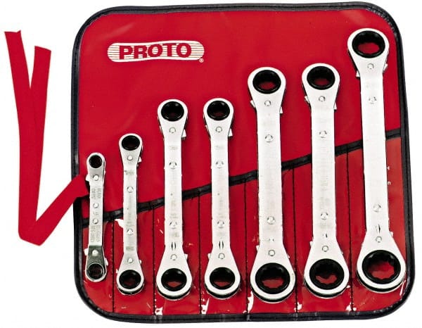 Proto - 7 Piece, 7mm to 21mm, 6, 12 Point Ratcheting Box Wrench Set - Metric Measurement Standard, Chrome Finish, Comes in Pouch - Exact Tooling