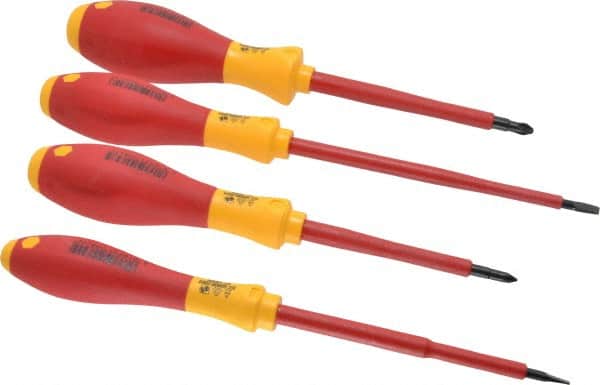 Wiha - 4 Piece Phillips & Slotted Screwdriver Set - Round Shank, Insulated Handle, Bit Sizes: Philips #1 & #2, Tip Thickness: 3/16 & 9/16 - Exact Tooling