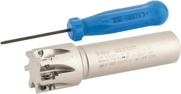 Iscar - 1" Cut Diam, 0.303" Max Depth of Cut, 3/4" Shank Diam, 3-1/2" OAL, Indexable Square Shoulder End Mill - HP AN.. 0702.. Inserts, Weldon Shank, 90° Lead Angle, Series Heliplus - Exact Tooling