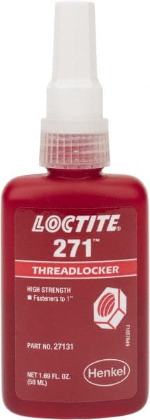 Loctite - 50 mL Bottle, Red, High Strength Liquid Threadlocker - Series 271, 24 hr Full Cure Time, Hand Tool, Heat Removal - Exact Tooling