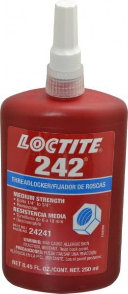 Loctite - 250 mL Bottle, Blue, Medium Strength Liquid Threadlocker - Series 242, 24 hr Full Cure Time, Hand Tool, Heat Removal - Exact Tooling
