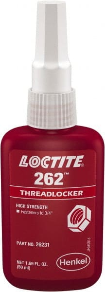 Loctite - 50 mL Bottle, Red, High Strength Liquid Threadlocker - Series 262, 24 hr Full Cure Time, Hand Tool, Heat Removal - Exact Tooling