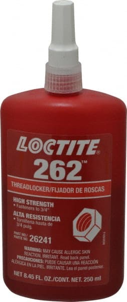 Loctite - 250 mL Bottle, Red, High Strength Liquid Threadlocker - Series 262, 24 hr Full Cure Time, Hand Tool, Heat Removal - Exact Tooling