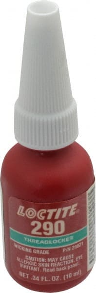 Loctite - 10 mL Bottle, Green, Medium Strength Liquid Threadlocker - Series 290, 24 hr Full Cure Time, Hand Tool, Heat Removal - Exact Tooling