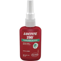 Loctite - 50 mL Bottle, Green, Medium Strength Liquid Threadlocker - Series 290, 24 hr Full Cure Time, Hand Tool, Heat Removal - Exact Tooling