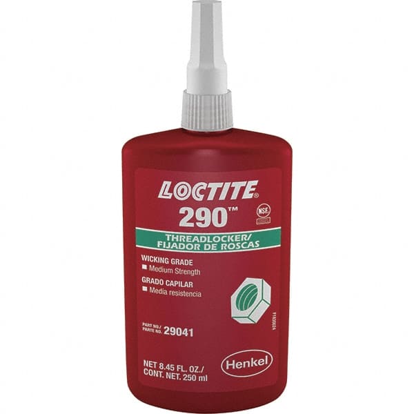 Loctite - 250 mL Bottle, Green, Medium Strength Liquid Threadlocker - Series 290, 24 hr Full Cure Time, Hand Tool, Heat Removal - Exact Tooling