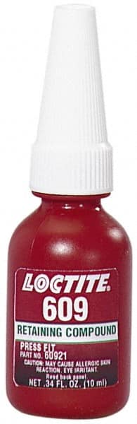 Loctite - 10 mL Bottle, Green, Medium Strength Liquid Retaining Compound - Series 609, 24 hr Full Cure Time, Heat Removal - Exact Tooling