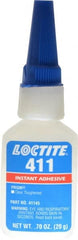 Loctite - 0.70 oz Bottle Clear Instant Adhesive - Series 411, 30 sec Fixture Time, 24 hr Full Cure Time, Bonds to Metal, Plastic & Rubber - Exact Tooling
