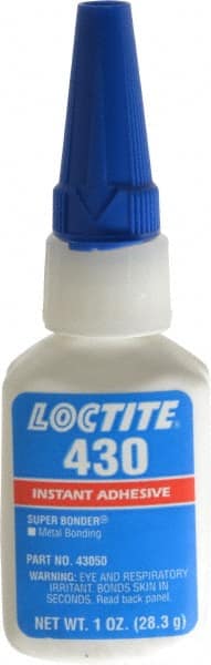 Loctite - 1 oz Bottle Clear Instant Adhesive - Series 430, 30 sec Fixture Time, 24 hr Full Cure Time, Bonds to Metal, Plastic & Rubber - Exact Tooling
