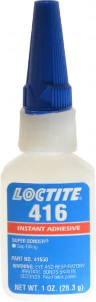 Loctite - 1 oz Bottle Clear Instant Adhesive - Series 416, 30 sec Fixture Time, 24 hr Full Cure Time, Bonds to Metal, Plastic & Rubber - Exact Tooling