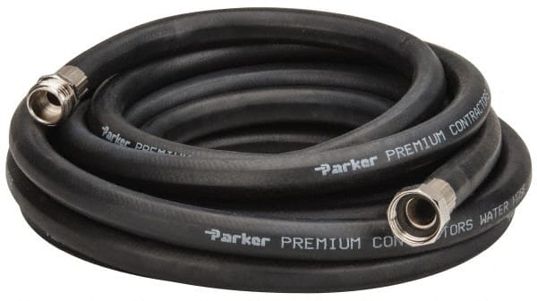 Parker - 25' Long Water Hose - 5/8" Diam, 3/4" GHT, Rubber, 125 psi, Black - Exact Tooling