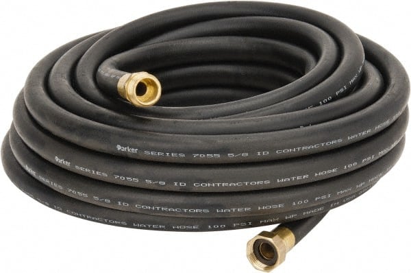 Parker - 50' Long Contractor Hose - 5/8" Diam, 3/4" GHT, Rubber, 100 psi, Black - Exact Tooling
