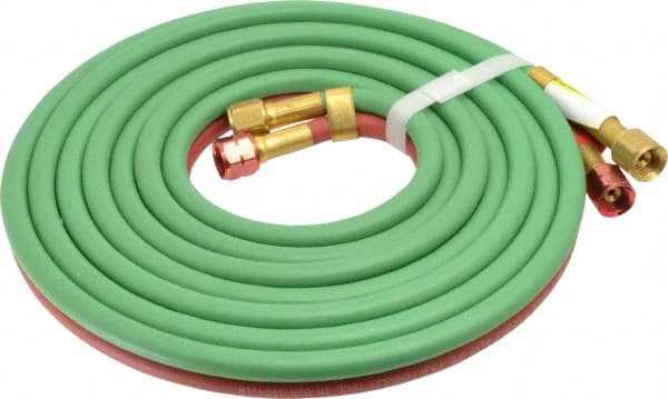 Parker - 3/16" Inside x 7/16" Outside Diam, Grade T Welding Hose - Green & Red, 12-1/2' Long, Twin Style, 200 psi Working Pressure - Exact Tooling