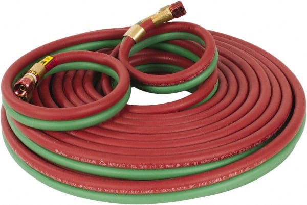 Parker - 1/4" Inside x 17/32" Outside Diam, Grade T Welding Hose - Green & Red, 50' Long, Twin Style, 200 psi Working Pressure - Exact Tooling