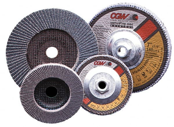Camel Grinding Wheels - 40 Grit, 5" Disc Diam, 7/8" Center Hole, Type 27 Zirconia Alumina Flap Disc - 12,200 Max RPM, Poly Cotton Backing, Arbor Attaching System, Coated - Exact Tooling