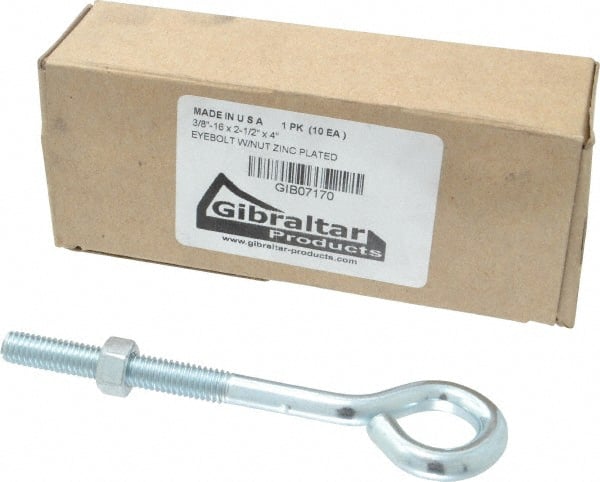 Gibraltar - 3/8-16, Zinc-Plated Finish, Steel Wire Turned Open Eye Bolt - 2-1/2" Thread Length, 3/4" ID x 1-1/2" OD, 4" Shank Length - Exact Tooling
