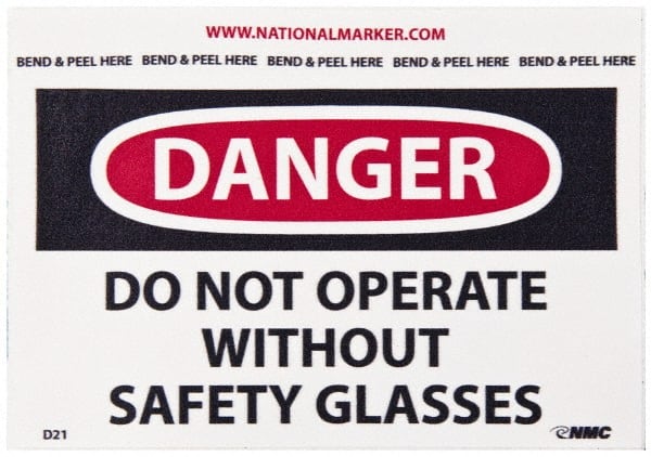 NMC - Accident Prevention Label, Header: DANGER - Legend: Danger - Do Not Operate without Safety Glasses, English, Red, Black & White, 5" Long x 3" High, Sign Muscle Finish - Exact Tooling