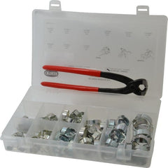 Oetiker - 124 Piece, 5/16 to 1" Diam, 2-Ear Service Clamp Kit - 123 Clamps & 1 Zinc Plated Side Jaw Pincers - Exact Tooling