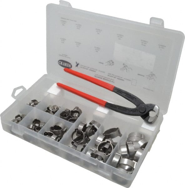 Oetiker - 124 Piece, 5/16 to 1" Diam, 2-Ear Service Clamp Kit - 123 Clamps & 1 Stainless Steel Standard Jaw Pincer - Exact Tooling