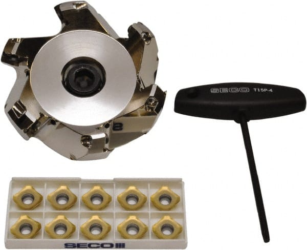 Seco - 3.7" Cut Diam, 1" Arbor Hole, 0.236" Max Depth of Cut, 45° Indexable Chamfer & Angle Face Mill - 6 Inserts, SE.X 43 Insert, Right Hand Cut, 6 Flutes, Through Coolant, Series R220.53 - Exact Tooling