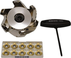 Seco - 3.7" Cut Diam, 1" Arbor Hole, 0.236" Max Depth of Cut, 45° Indexable Chamfer & Angle Face Mill - 6 Inserts, SE.X 43 Insert, Right Hand Cut, 6 Flutes, Through Coolant, Series R220.53 - Exact Tooling